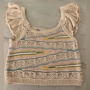 Knit Zara top. Ruffle sleeve detail. Tan with pink blue and yellow knit detail.